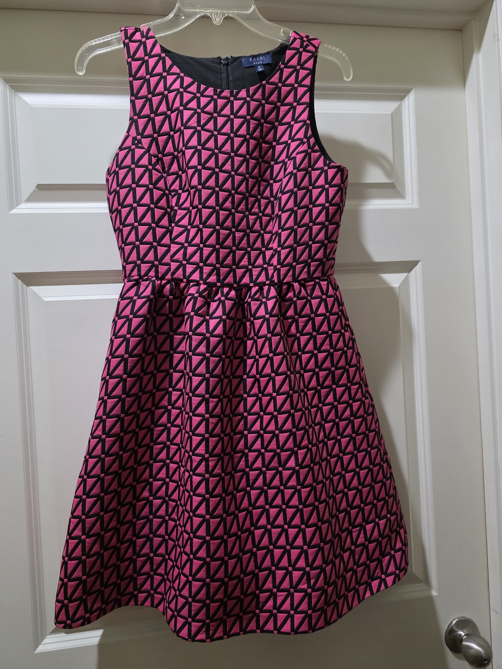 Kaari Blue Pink and Black Geometric Fit-and-Flare Dress